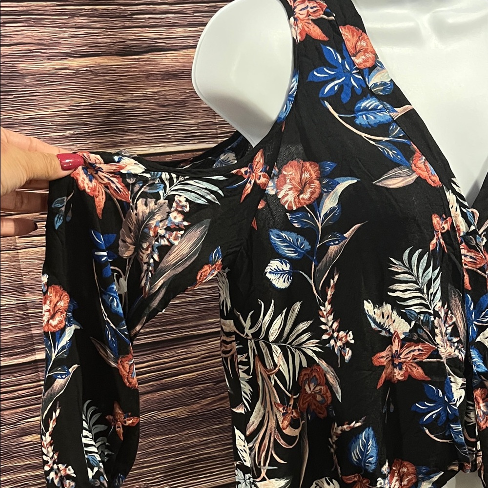 Lush Floral Wrap Blouse - Cold Shoulder Black and Blue and Pink - Picture 2 of 7